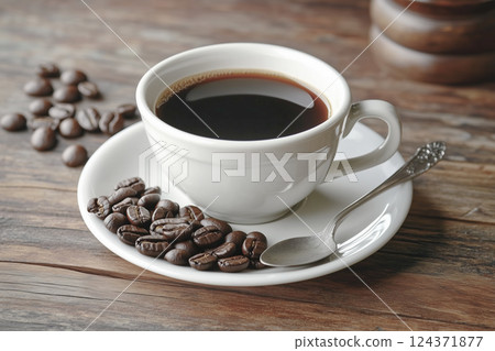 咖啡_咖啡豆_杯_湯匙_木紋_桌子 咖啡_咖啡豆_杯_湯匙_木紋_桌子 124371877