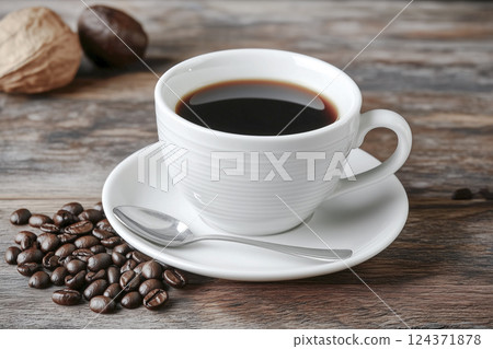 木桌上的咖啡杯、湯匙和咖啡豆 木桌上的咖啡杯、湯匙和咖啡豆 124371878