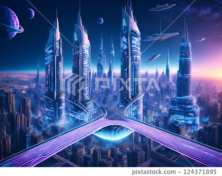 Night view of a futuristic city that blends with space | Fantastic cityscape of the near future 124371895