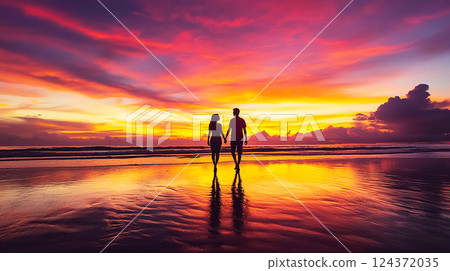 Couple on the beach at sunset 124372035