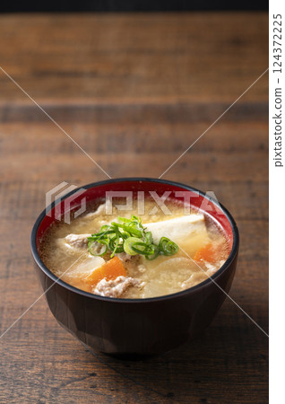 Miso soup with pork and vegetables Miso soup with pork and vegetables 124372225