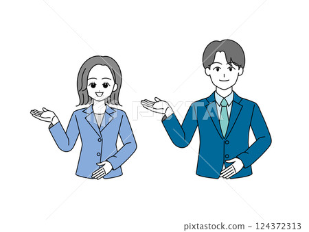 Illustration set of men and women in suits giving directions (blue) 124372313