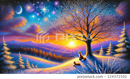 A fox, a rabbit, and a large tree huddle together on a snowy field in the starry evening, gazing at the quiet sunset. 124372502