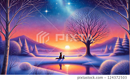 A quiet moment between a fox and a rabbit looking up at the stars with the setting sun reflected in a pond in the snowy field 124372503