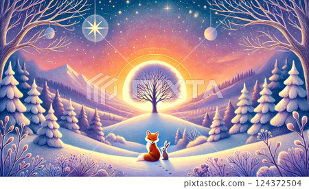 A mysterious evening on a snow-covered hill with a fox and a rabbit gazing at the starry sky and shining trees. 124372504