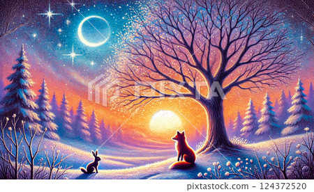 A tale of a fox and a rabbit snuggling up in the shade of a tree on a snowy plain under the twinkling stars and crescent moon. 124372520