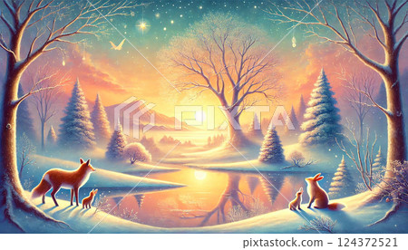 A golden snowy field and a ray of hope as a family of foxes and rabbits reunited on the shores of a lake A golden snowy field and a ray of hope as a family of foxes and rabbits reunited on the shores of a lake 124372521