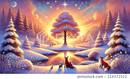 A heartwarming winter moment for a fox and a rabbit, huddled together under a shining tree on a starry dawn. 124372522