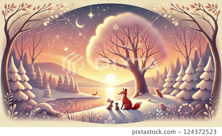 A gentle fantasy landscape of a fox and other animals gazing at the sunset in a warm, snowy forest. A gentle fantasy landscape of a fox and other animals gazing at the sunset in a warm, snowy forest. 124372523