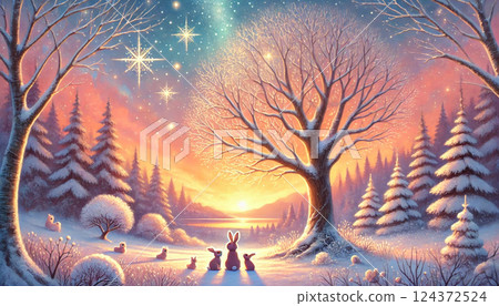 A heartwarming fantasy landscape depicting rabbits gazing at the sunset in a snowy, starry forest. A heartwarming fantasy landscape depicting rabbits gazing at the sunset in a snowy, starry forest. 124372524