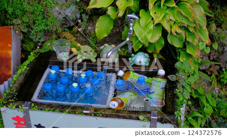 Drinks cooled with running water outdoors 124372576