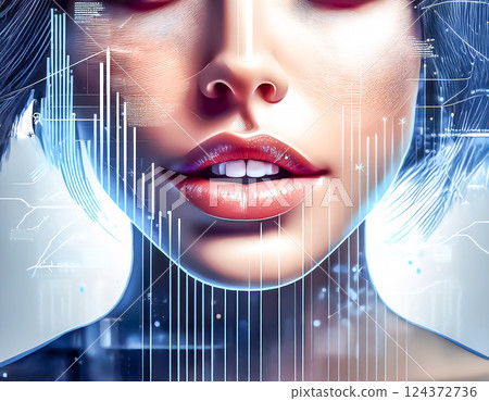 Illustration material of a woman having her voice data analyzed 124372736
