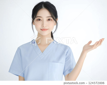 A young female nurse wearing a light blue scrub holds out her hand to guide people. Character material for medical design A young female nurse wearing a light blue scrub holds out her hand to guide people. Character material for medical design 124372806