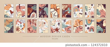 Abstract shapes collages. Contemporary organic compositions, lines, spots, drops and curves, beige colors, flyer cover, aesthetic trendy modern cards, vertical posters, tidy vector prints set Abstract shapes collages. Contemporary organic compositions, lines, spots, drops and curves, beige colors, flyer cover, aesthetic trendy modern cards, vertical posters, tidy vector prints set 124372810