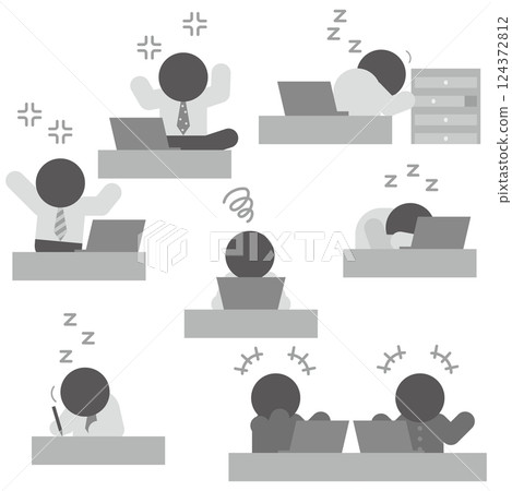 Monochrome pictogram material set of people slacking off at work and people who are annoyed Monochrome pictogram material set of people slacking off at work and people who are annoyed 124372812