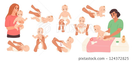 Baby massage. Child health therapy, nurse masseur with newborn kid, hand movements schemes on children body, infant care, health procedures cartoon flat style isolated garish vector set 124372825