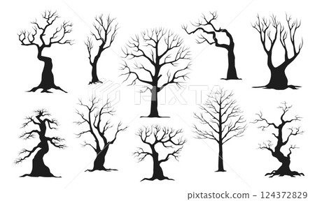 Black dead tree icons. Silhouettes of dry plants, leafless branches, spooky elements, winter season natural objects, different forms, halloween isolated graphic, qualitative vector set 124372829