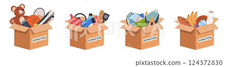 Cardboard donation boxes. Humanitarian aid in containers, volunteering and charity, help and support those in need, food and school stationery, cartoon flat isolated nowaday vector set 124372830