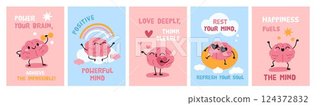 Cartoon brain cards. Funny mental health emoticons, positive thinking, cute clever mascot with smiling faces, keep calm and rest, emoji characters, posters educational, garish vector set 124372832