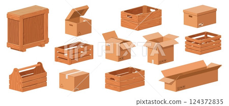 Cartoon wooden and cardboard boxes. Delivery parcels packaging, empty cargo drawers, isometric crates, fragile signs, storage container closed and opened isolated objects, nowaday vector set Cartoon wooden and cardboard boxes. Delivery parcels packaging, empty cargo drawers, isometric crates, fragile signs, storage container closed and opened isolated objects, nowaday vector set 124372835