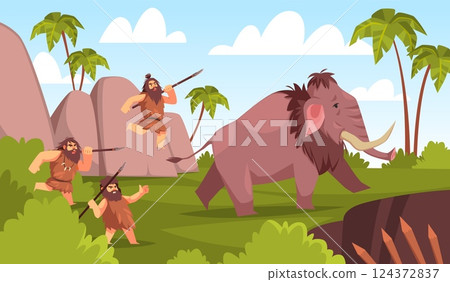 Cavemen on hunting. Stone age people with spears chasing mammoth, primitive men in animal skin, prehistoric period, tropical landscape cartoon flat style isolated tidy vector concept 124372837