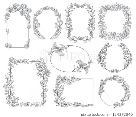 Elegant botanical frames. Different shapes borders, floral branches, vintage design elements, hand drawn linear plants, isolated elegant decorative for wedding invitations, splendid vector set Elegant botanical frames. Different shapes borders, floral branches, vintage design elements, hand drawn linear plants, isolated elegant decorative for wedding invitations, splendid vector set 124372840