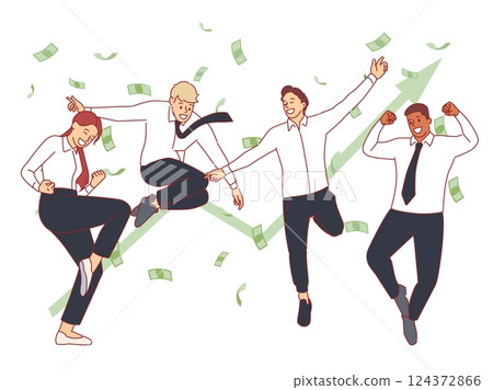 Happy business team rejoice in success. Office staff jumping up, victory celebrating, positive emotions, man and woman successful employees, cartoon flat isolated decent vector concept Happy business team rejoice in success. Office staff jumping up, victory celebrating, positive emotions, man and woman successful employees, cartoon flat isolated decent vector concept 124372866