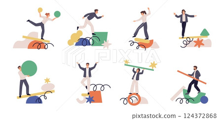 Instability concept scenes. People keep balance, abstract shapes, unreliable supports, falling risk, stability search, creativity process cartoon flat style isolated garish vector set 124372868