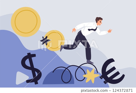 Instability situation. Businessman trying find balance, financial shakiness, risky investments, economic recession, market falling, cartoon flat style isolated garish vector concept Instability situation. Businessman trying find balance, financial shakiness, risky investments, economic recession, market falling, cartoon flat style isolated garish vector concept 124372871
