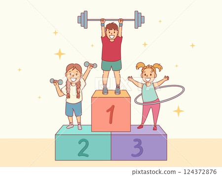 Kids athletes winners. Young sports representatives on podium, children gymnasts and weightlifters, happy champions, boys and girls, cartoon flat isolated decent vector concept 124372876