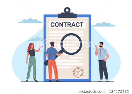 Negotiating terms of contract. Man with magnifying glass. Huge business document. Review information and analyzing text. Sign deal, found mistakes. Cartoon flat isolated vector concept Negotiating terms of contract. Man with magnifying glass. Huge business document. Review information and analyzing text. Sign deal, found mistakes. Cartoon flat isolated vector concept 124372885
