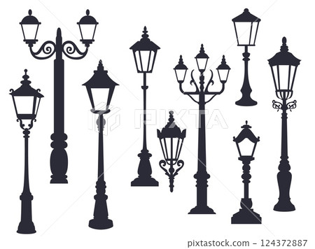 Old street lamps black silhouettes. Vintage city lanterns, park illumination isolated elements, traditional elegant lights, cast iron forging, victorian style, streetlamp decent vector set 124372887