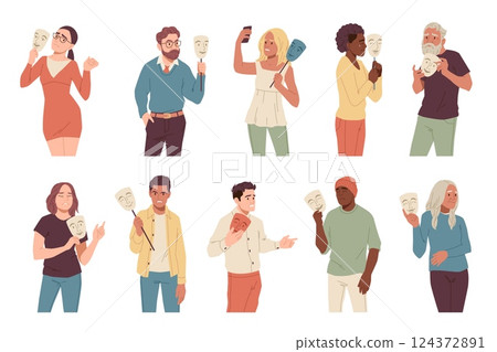 People with social masks. Men and women with negative emotions hold happy smiling masks, fake faces, sad and angry persons, false social identity cartoon flat isolated tidy vector set 124372891