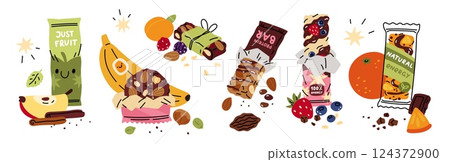 Protein bar packaging. Sweet cereal snack with dried fruits, seeds, nuts, protein sport nutrition, muesli granola dessert, vegan product, cartoon flat style isolated garish vector set 124372900