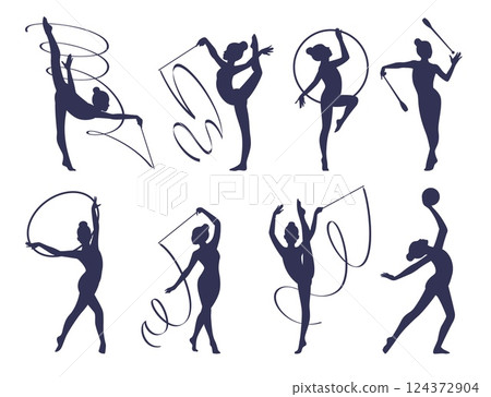 Silhouettes of gymnast girls. Female characters in different active positions, sport woman hold ribbon or ball. Acrobatic performance on competition. Flat style isolated vector set 124372904