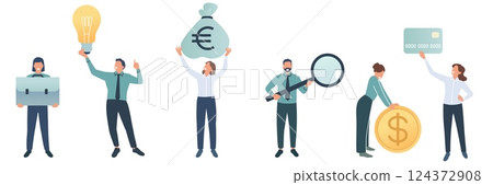 Tiny business people with large social media elements. Office team holding online community symbols, idea bulb, gold coin, credit card, money, cartoon flat isolated decent vector set Tiny business people with large social media elements. Office team holding online community symbols, idea bulb, gold coin, credit card, money, cartoon flat isolated decent vector set 124372908