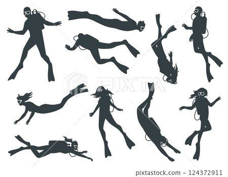 Underwater swimmers silhouettes. People with diving equipment masks and snorkels in different poses. Extreme activity on vacations. Undersea adventures. Black flat isolated vector set 124372911