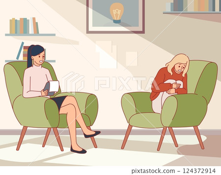 Woman in psychologist office. Private counseling, specialist talking with patient, sad broken girl, crying female character in armchair. Mental health decent cartoon flat isolated vector concept 124372914