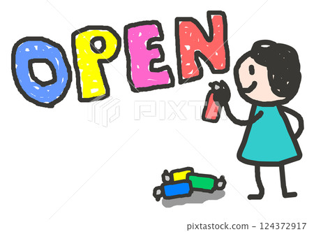 Illustration of a person writing OPEN to announce the opening of a store or road Illustration of a person writing OPEN to announce the opening of a store or road 124372917