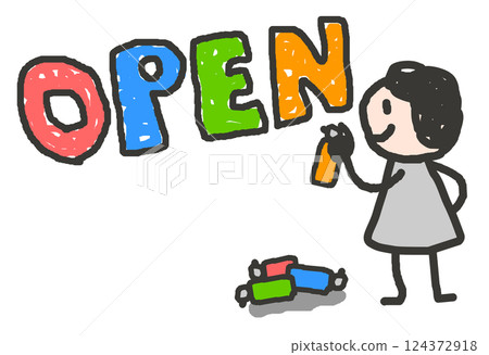 圖說:一個人寫著「OPEN」來宣布商店或道路開業 圖說:一個人寫著「OPEN」來宣布商店或道路開業 124372918