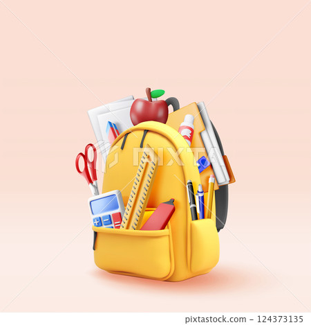 3D School backpack full of stationery items 124373135