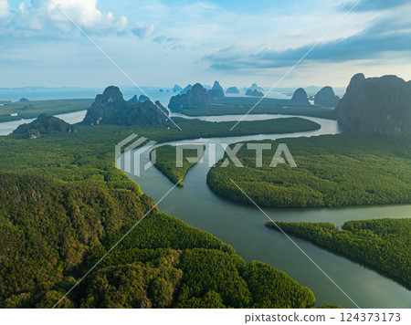 Aerial View of canals winding in the mangroves create a heart-shaped island. 124373173