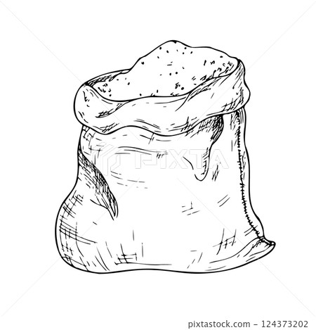 Vector fabric canvas bag for food or delivery. Graphic ink bag with flour, grain illustration isolated on background. Hand drawn line sketch. For designers, prints, logo, icon, menu, postcards 124373202