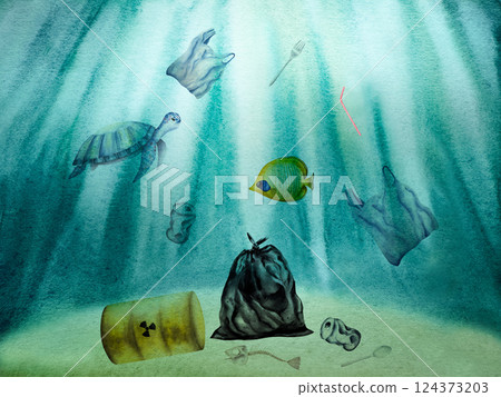 Underwater sea , sunlight in ocean with garbage. Sea turtle, plastic bag filled with trash, rusty oil barrels. Crumpled aluminum can. Watercolor hand drawn illustration isolated on background 124373203