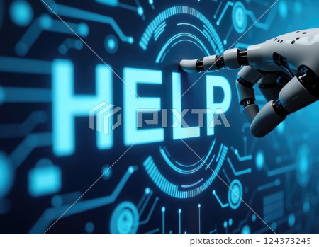 Artificial intelligence AI robot hand working with help word on blue circuit board	 124373245
