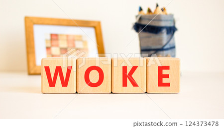 Woke question symbol. Concept word Woke question on beautiful wooden blocks. Beautiful white table white background. Business, lifestyle, support and woke question concept. Copy space. Woke question symbol. Concept word Woke question on beautiful wooden blocks. Beautiful white table white background. Business, lifestyle, support and woke question concept. Copy space. 124373478