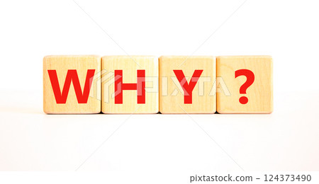 Why question symbol. Concept word Why question on beautiful wooden blocks. Beautiful white table white background. Business, lifestyle, support and why question concept. Copy space. 124373490