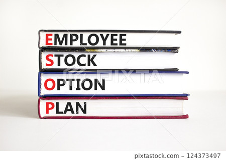 ESOP Employee Stock Option Plan symbol. Concept word ESOP Employee Stock Option Plan on beautiful books. Beautiful white background. Business ESOP Employee Stock Option Plan concept. Copy space. 124373497