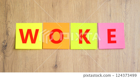 Woke question symbol. Concept word Woke question on beautiful colored paper. Beautiful wooden table wooden background. Business, lifestyle, support and woke question concept. Copy space. 124373499