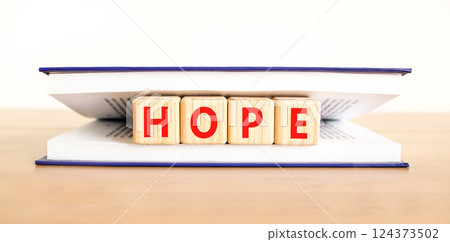 Hope symbol. Concept word Hope on beautiful wooden blocks in book. Beautiful wooden table white background. Business, lifestyle, support and hope concept. Copy space. Hope symbol. Concept word Hope on beautiful wooden blocks in book. Beautiful wooden table white background. Business, lifestyle, support and hope concept. Copy space. 124373502